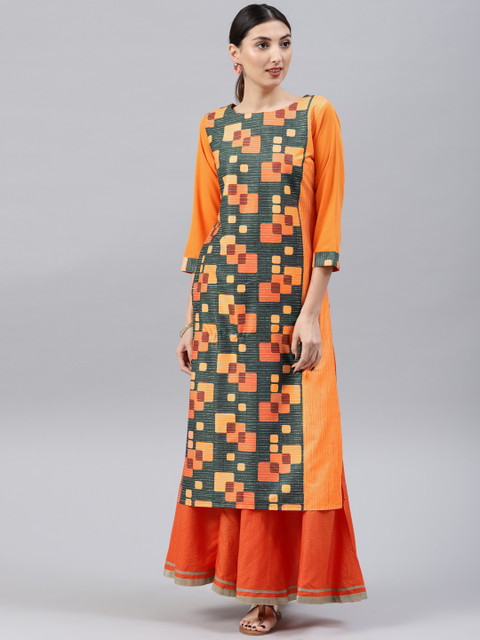 

AHIKA Women Orange & Grey Printed Straight Kurta