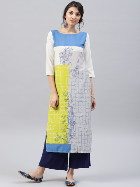 

AHIKA Women White & Grey Colourblocked Straight Kurta