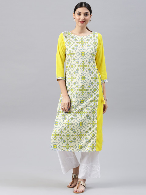 

AHIKA Women Lime Green & White Printed Layered Straight Kurta