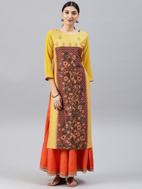 

AHIKA Women Mustard Yellow & Maroon Printed Straight Kurta