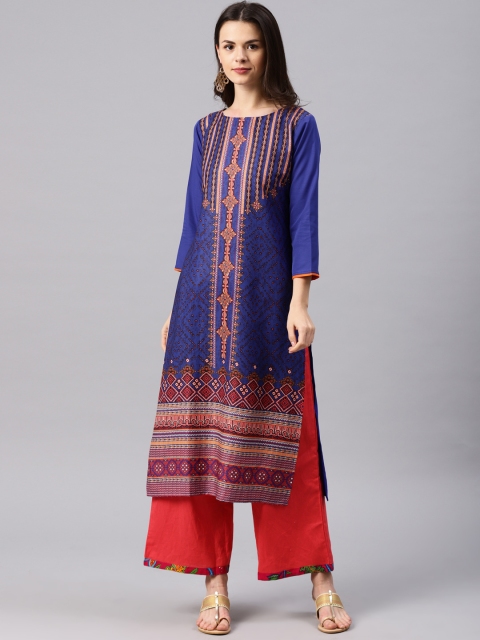 

AHIKA Women Navy Blue & Orange Printed Straight Kurta