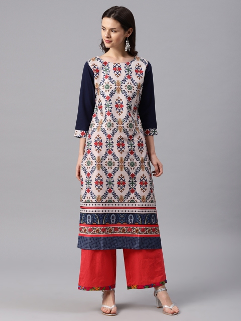 

AHIKA Women White & Blue Printed Straight Kurta