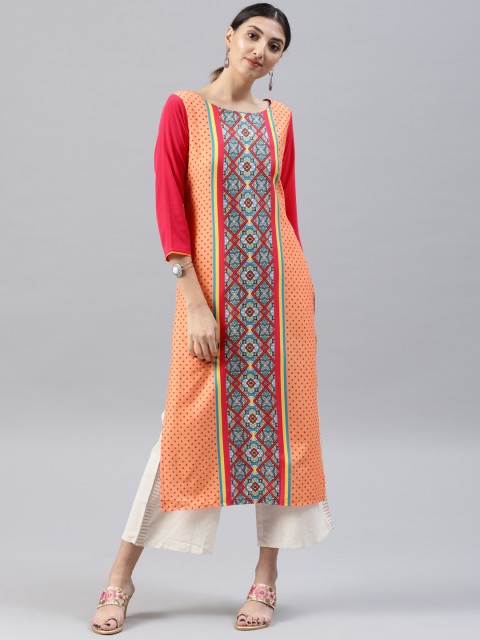 

AHIKA Women Orange & Pink Printed Straight Kurta