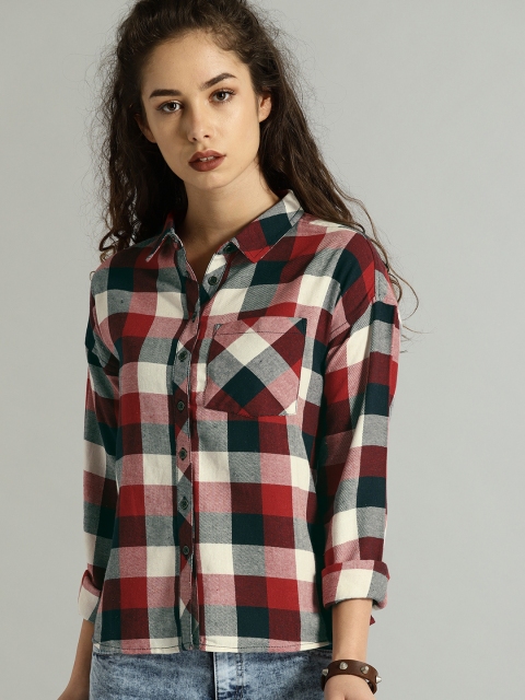 

Roadster Women Navy Blue & Red Regular Fit Checked Casual Shirt