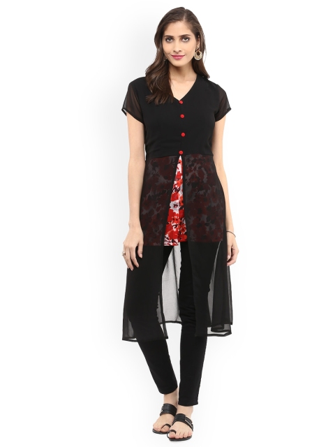 

Pannkh Black & Red Floral Print Layered A-Line Kurta