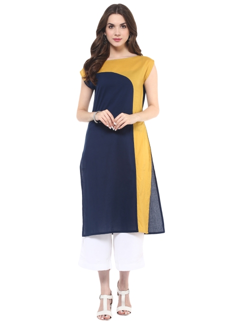 

Pannkh Women Mustard & Navy Blue Colourblocked Straight Kurta