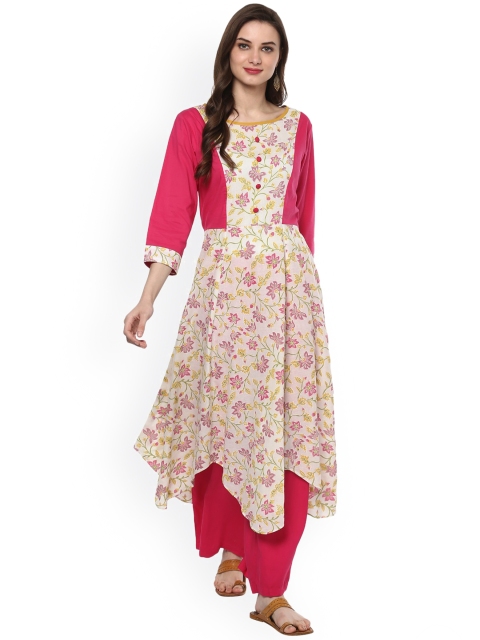 

Pannkh Women White & Pink Floral Printed Anarkali Kurta