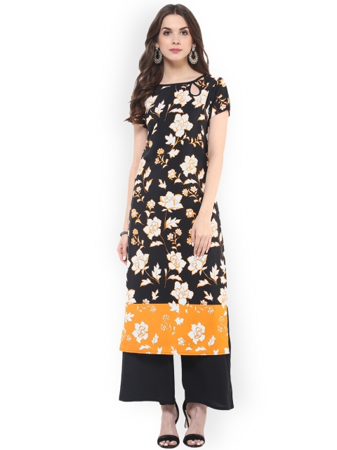 

Pannkh Women Black & Off-White Floral Print Straight Kurta