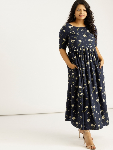 

Sztori Plus Size Women Navy Blue Printed Maxi Dress