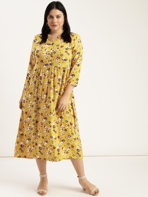 

Sztori Plus Size Women Mustard Yellow Printed A-Line Dress