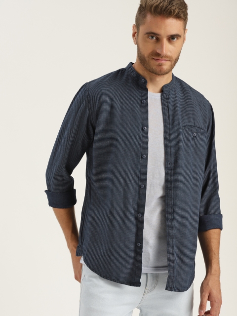 

Sztori Plus Size Men Navy Blue Striped Casual Shirt