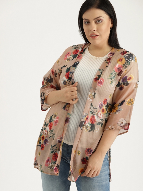 

Sztori Plus Size Beige Red Printed Open Front Shrug