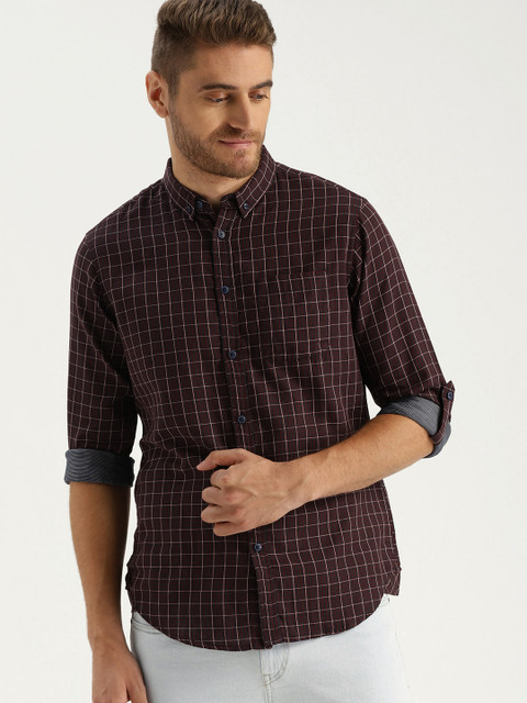 

Sztori Plus Size Men Burgundy Navy Blue Checked Casual Shirt