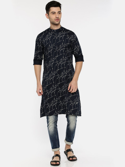 

Independence Club Men Navy Printed Straight Kurta, Navy blue