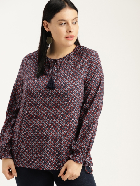

Sztori Plus Size Women Red Navy Blue Printed Boxy Top