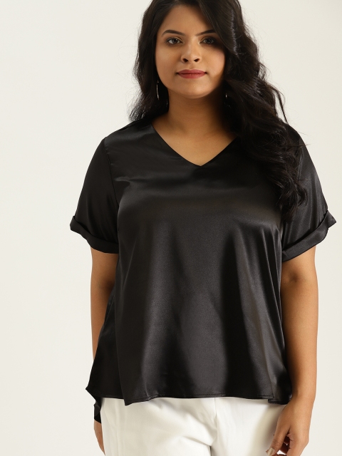 

Sztori Plus Size Women Black Solid Satin Finish Top