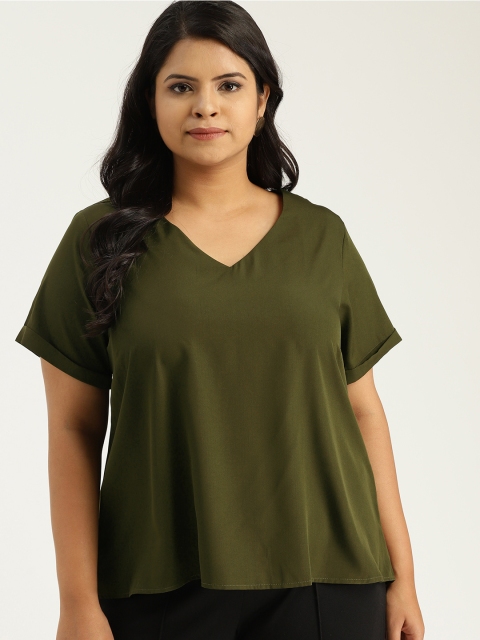 

Sztori Plus Size Women Olive Green Solid A-Line Top