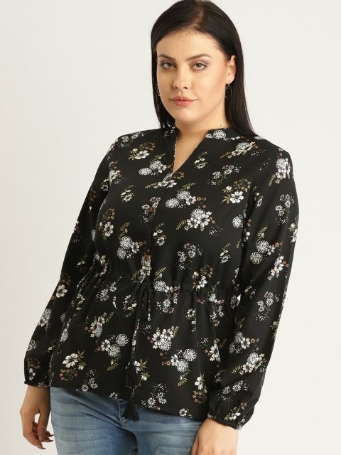

Sztori Plus Size Women Black Floral Print Cinched Waist Top