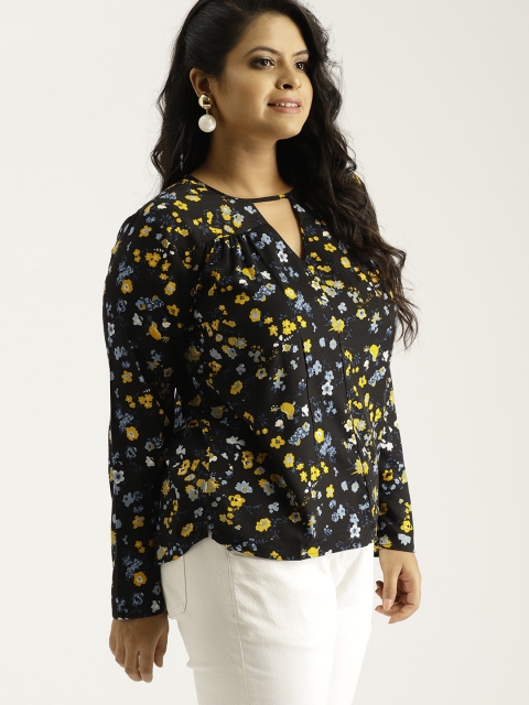 

Sztori Plus Size Women Black Yellow Floral Print Top