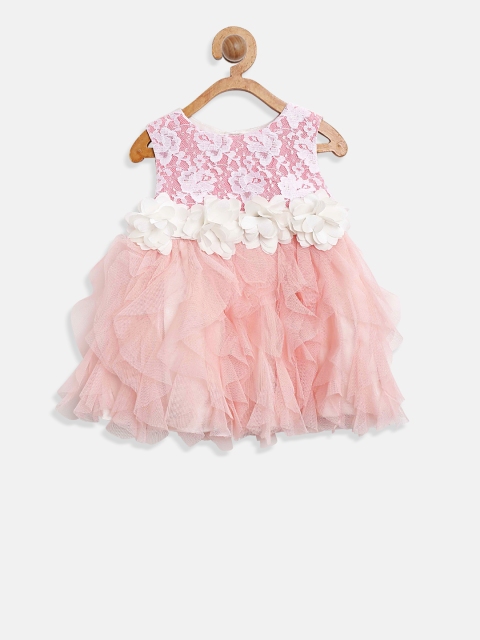 

Nauti Nati Girls Peach-Coloured & White Self Design A-Line Dress
