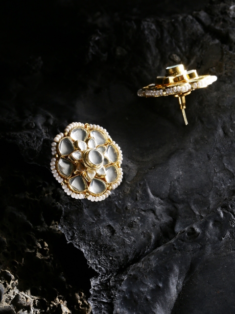 Melani Borsa Off-White 18K Gold-Plated Kundan Floral Oversized Studs