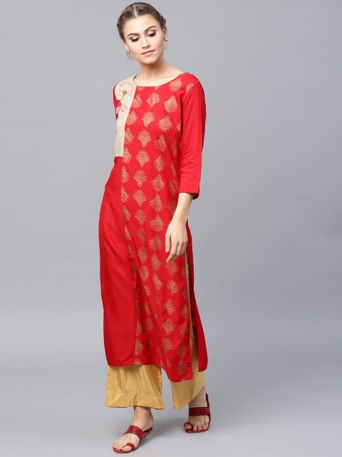 

ANAISA Women Red & Golden Printed With Embroidered Detail Straight Kurta