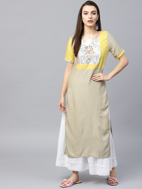 

ANAISA Women Light Olive Green & Mustard Yellow Embroidered Straight Kurta