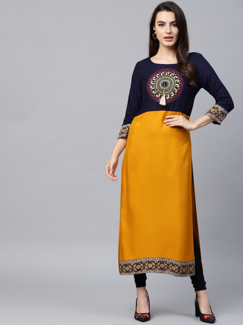 

ANAISA Women Mustard Yellow & Navy Blue Embroidered Straight Kurta