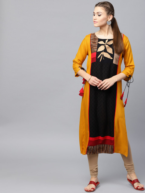 

ANAISA Women Black & Mustard Yellow Printed Embroidered Straight Kurta