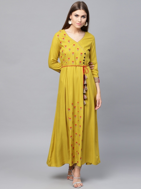 

ANAISA Women Mustard Yellow Floral Embroidered Anarkali Kurta