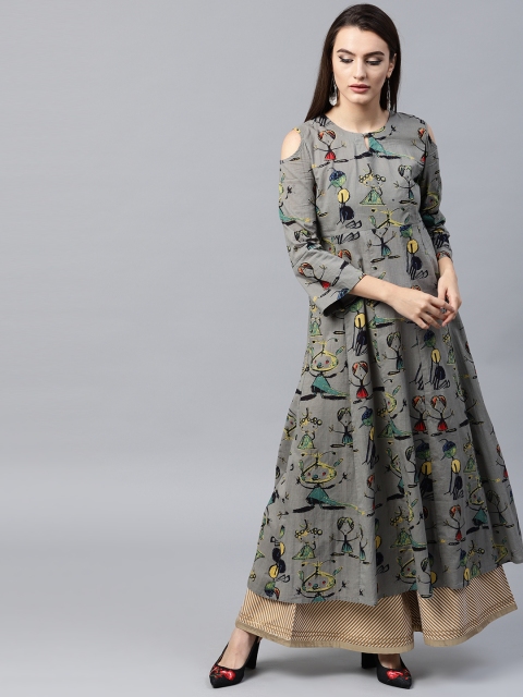 

ANAISA Women Grey Quirky Printed Cold Shoulder Anarkali Kurta