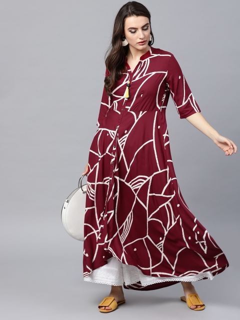 

ANAISA Women Maroon & White Printed A-Line Flared Kurta