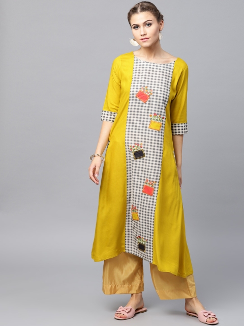 

ANAISA Women Mustard Yellow & Off-White Checked Embroidered Flared Kurta