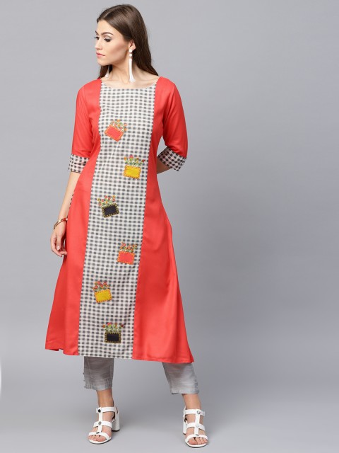 

ANAISA Women Coral Orange & Grey Checked Embroidered A-Line Kurta
