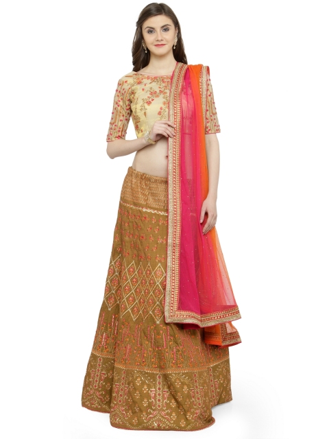 

Shaily Brown & Cream-Coloured Embellished Semi-Stitched Lehenga & Unstitched Blouse with Dupatta