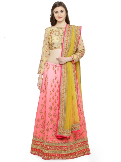 

Shaily Cream & Pink Woven Design Semi-Stitched Lehenga & Unstitched Blouse with Dupatta