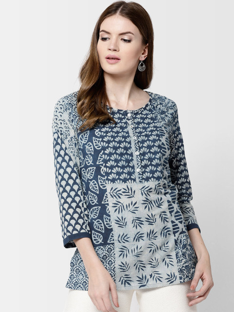 

Fabindia Women Navy Blue & White Printed A-line Kurti