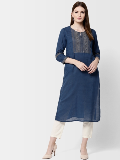 

Fabindia Women Navy Blue Embroidered Straight Kurta