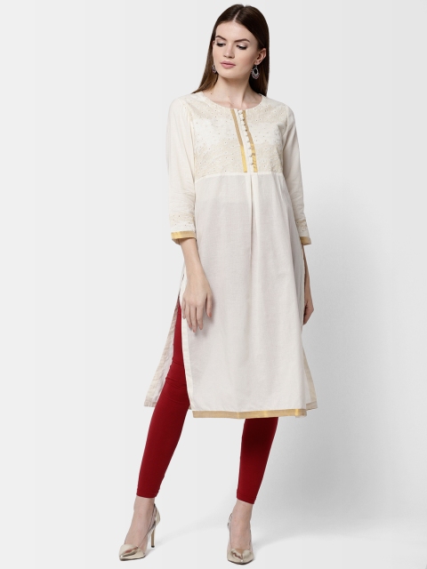 

Fabindia Women Off-White Yoke Design Straight Kurta