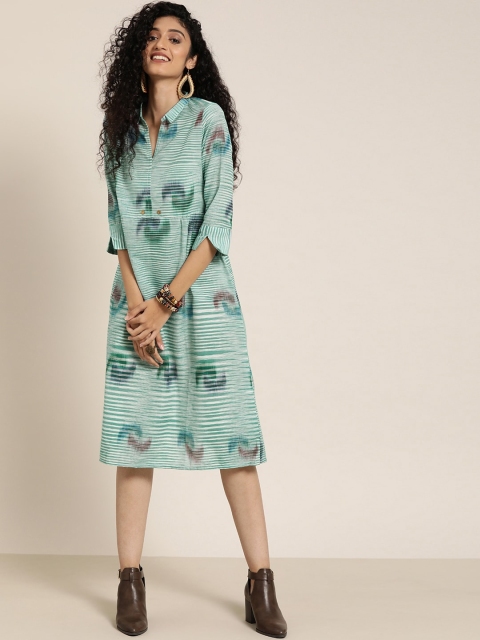 

Taavi Women Green South Cotton Woven Legacy A-Line Sustainable Dress with Shirt Collar & Pocket