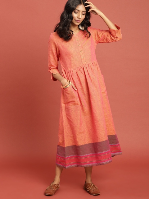 

Taavi Women Orange Woven Legacy South Cotton Midi Sustainable Dress with Pockets
