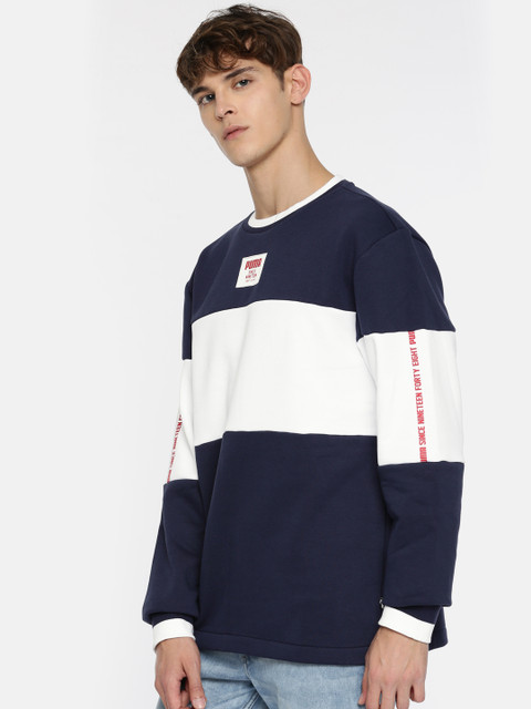 

Puma Men White & Navy Colourblocked Rebel Crew FL Sweatshirt