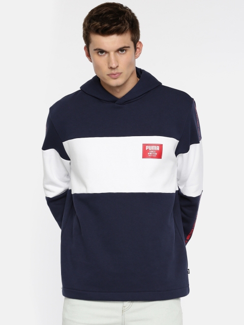 

Puma Men Navy Blue & White Colourblocked Rebel Block Hoody FL Hooded Sweatshirt