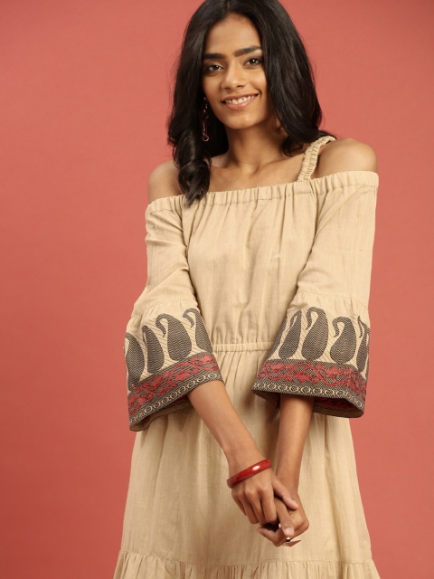 

Taavi Women Beige Solid Woven Legacy A-Line Sustainable Dress with Off-Shoulder Bell Sleeves