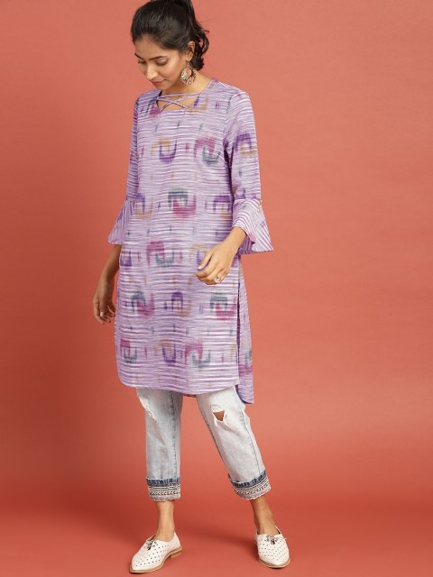 

Taavi Women Purple South Cotton Woven Legacy High-Low Sustainable Kurta with Criss-Cross Detailed Neck