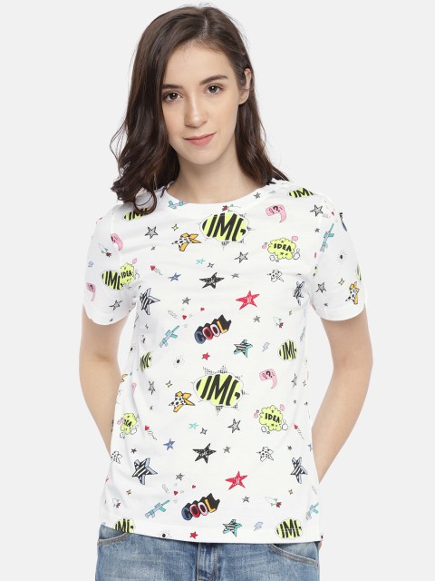

ONLY Women White Printed Round Neck T-shirt
