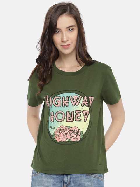 

ONLY Women Green Printed Round Neck T-shirt
