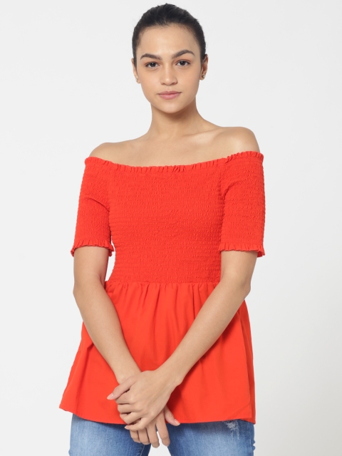 

ONLY Women Red Solid Bardot Pure Cotton Top