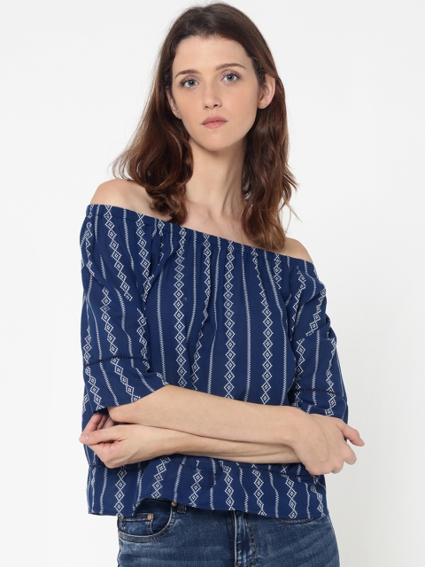

ONLY Women Navy Blue Self Design Bardot Top