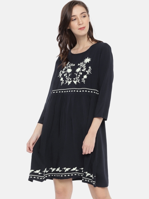 

ONLY Women Navy Blue Self Design A-Line Embroidered Dress